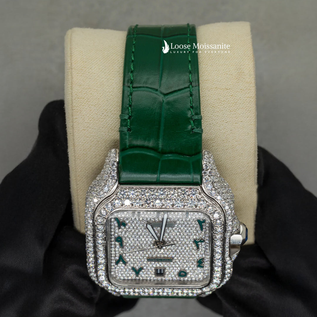 Close Up View Of Arabic White Dial Green Leather Belt Moissanite Watch | 41 MM