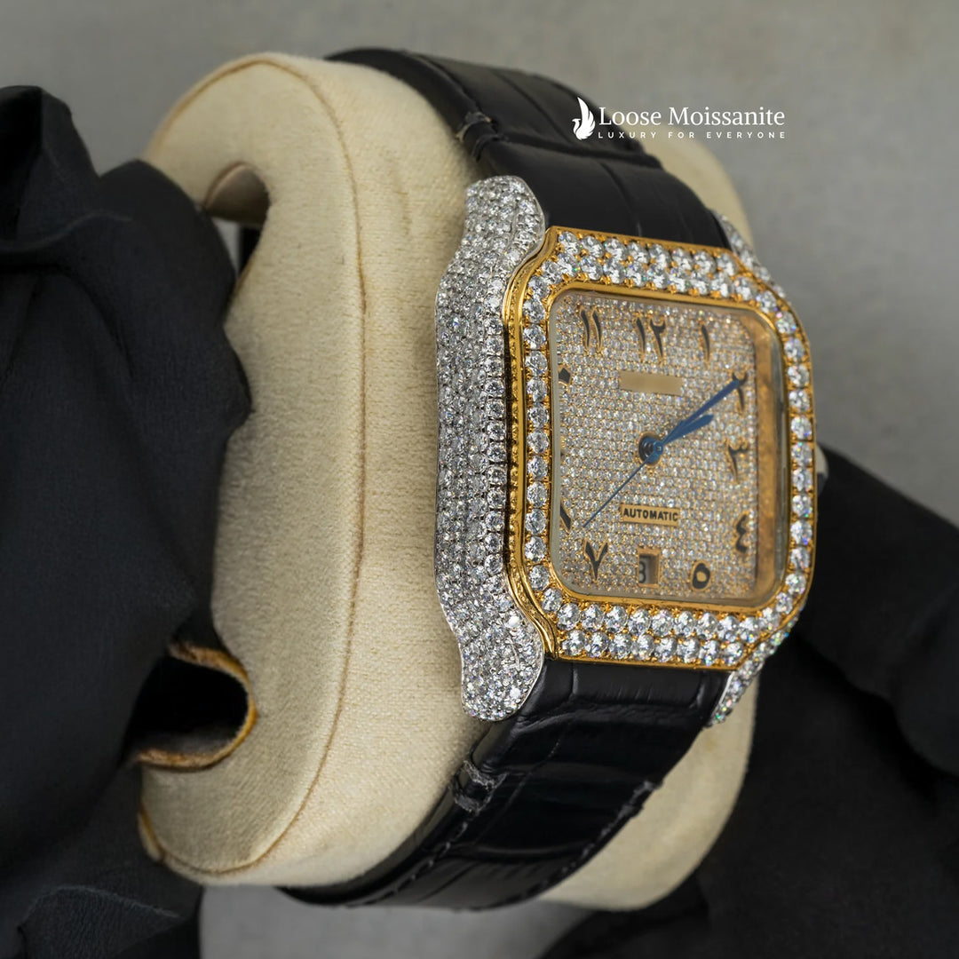 Side View Of Arabic Yellow Dial Black Leather Belt Moissanite Watch | 41 MM