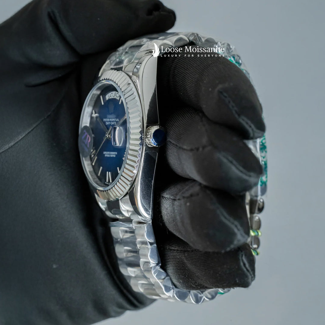 Side View Of Day-Date Blue Dial Stainless Steel Plain Watch
