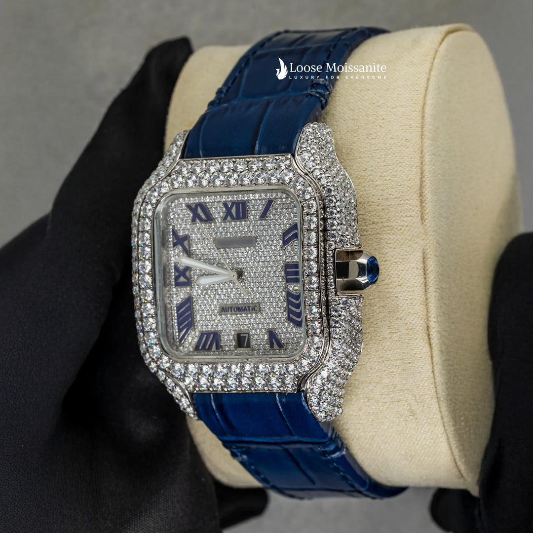Side View Of Arabic White Dial Blue Leather Belt Moissanite Watch | 41 MM 