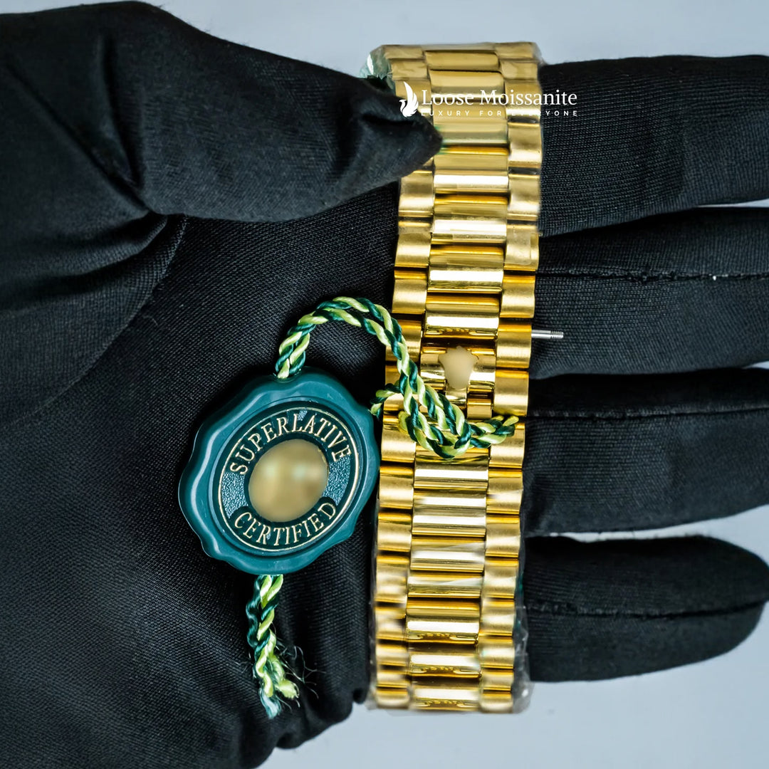 Back View Of Oyster Perpetual Day-Date White Dial Plain Watch In Yellow Gold