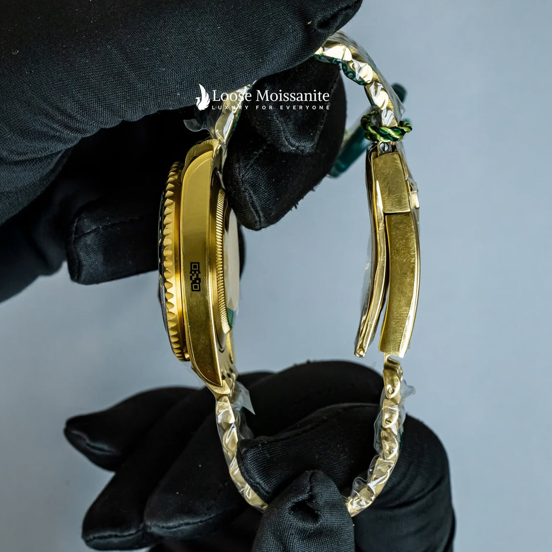 Side View Of Oyster Perpetual Date Just Black Dial Plain Watch In Yellow Gold