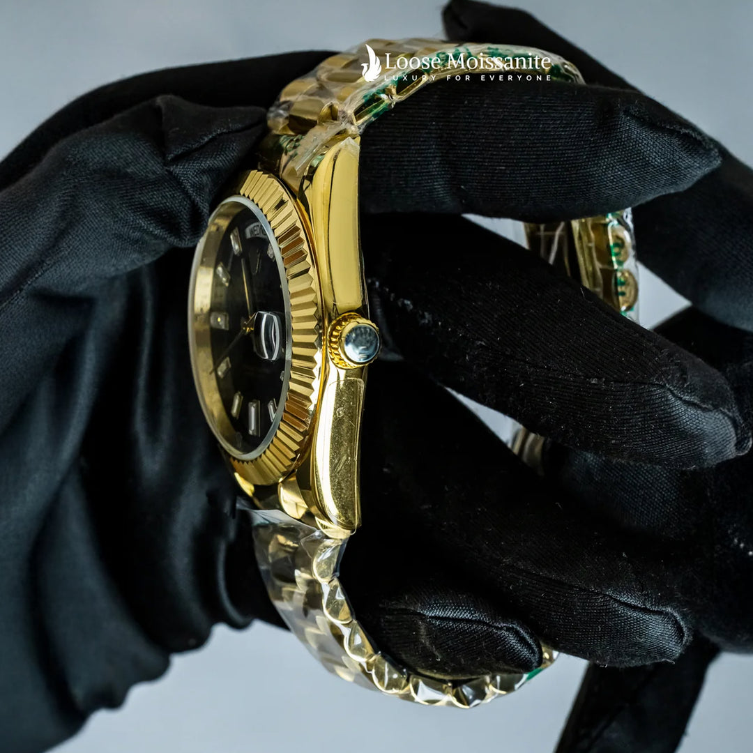 Side View Of Oyster Perpetual Day-Date Black Dial Plain Watch In Yellow Gold