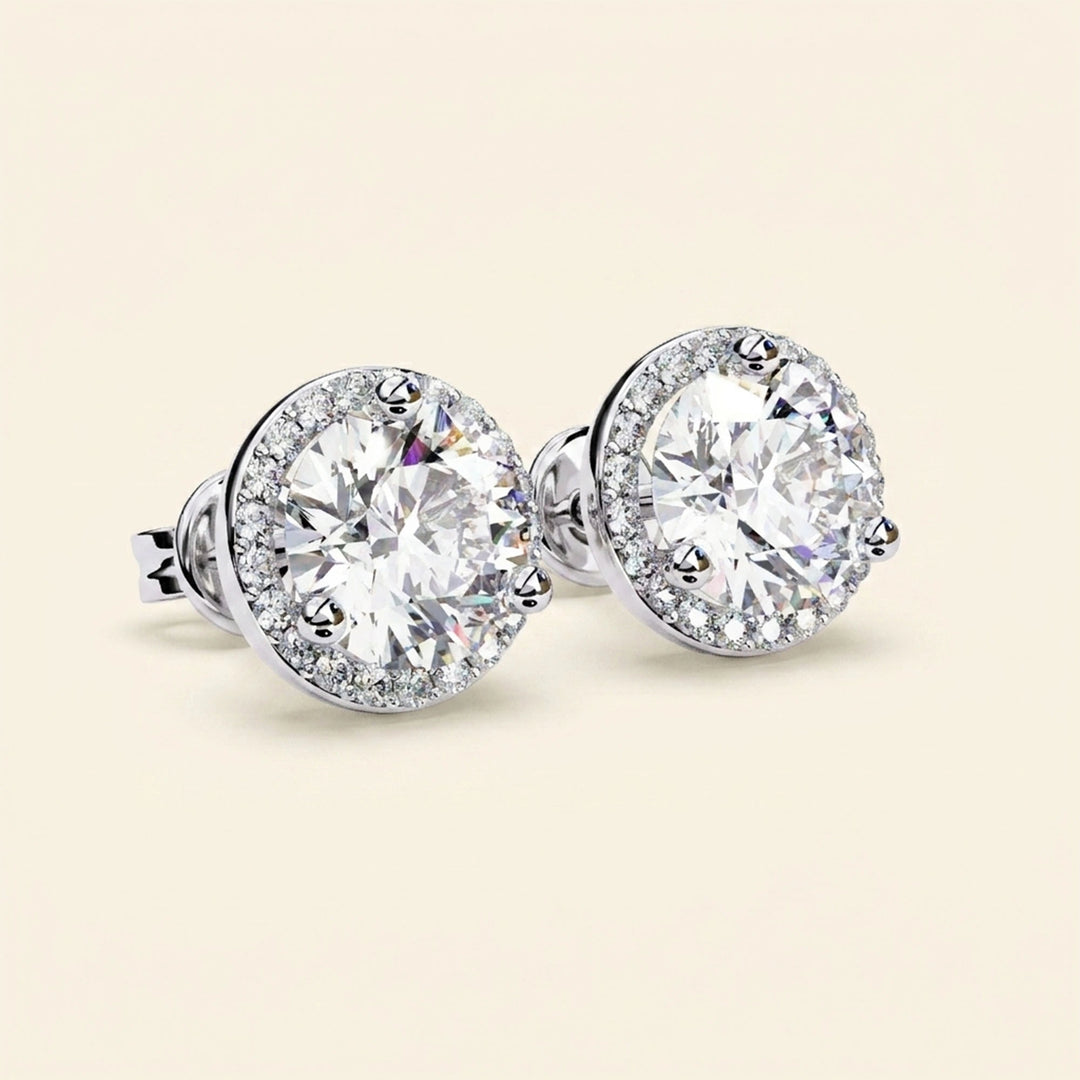 Round Halo Stud Earrings Classic Bezel Look