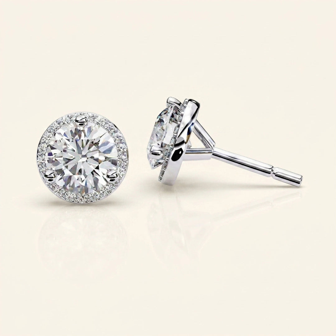 Round Halo Stud Earrings Classic Bezel Look