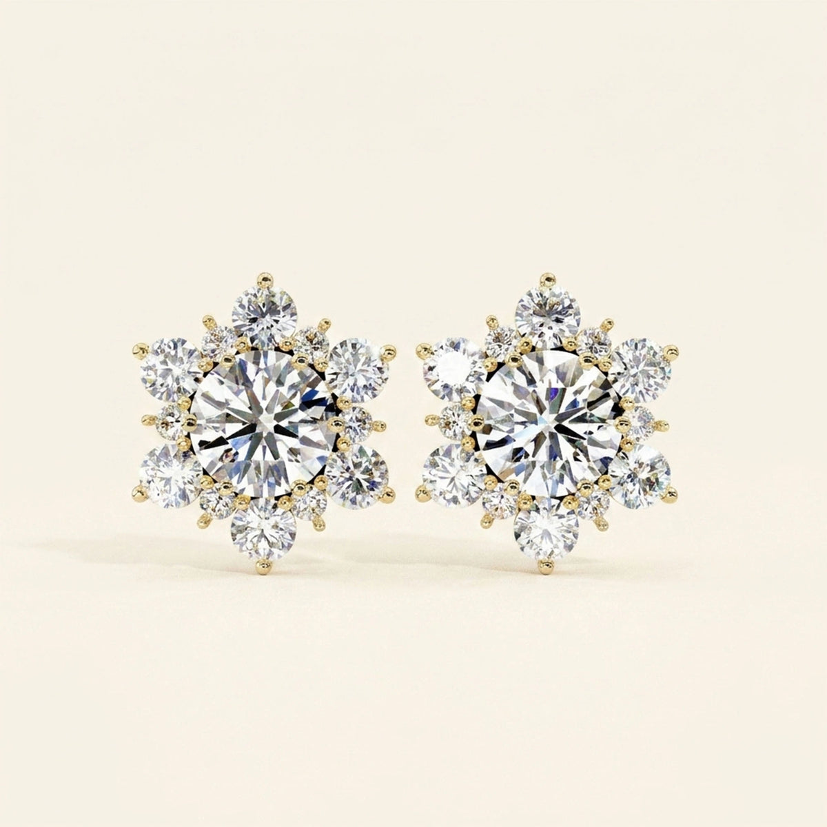 Front view of floral cluster earrings studs round cut design