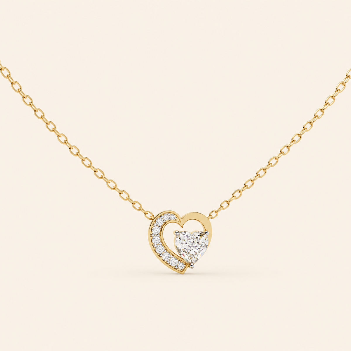 Front view of heart cut necklace in pave prong setting