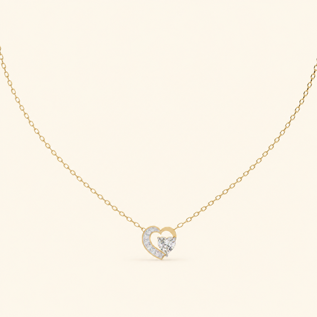Front View Of Heart Cut Necklace In Pave Prong Setting