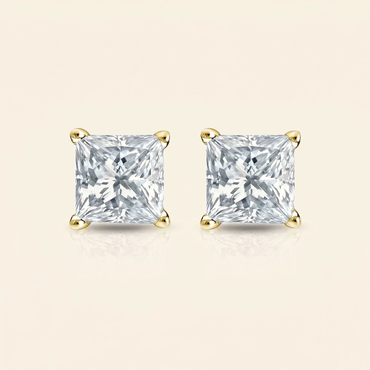 Front view of princess cut stud earrings