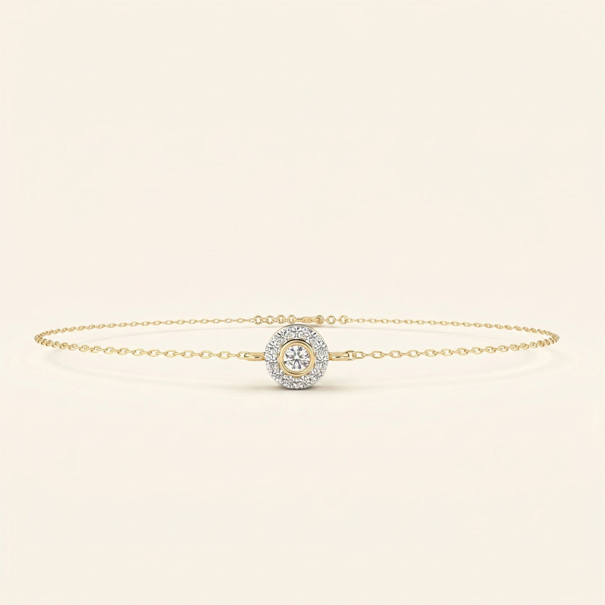 Front view of round halo bracelet