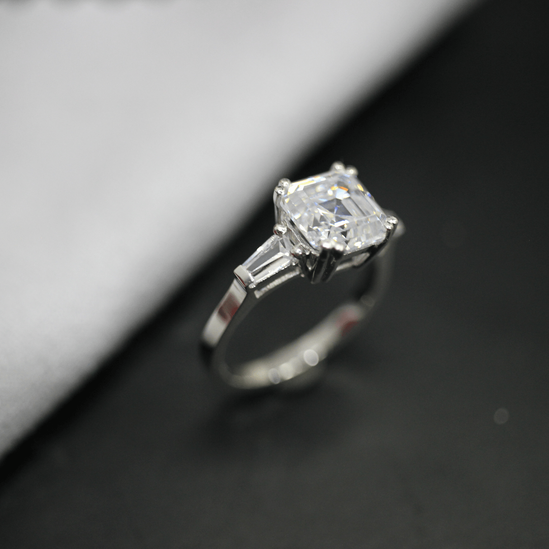 2.50 Carat Asscher And Baguette Cut Three Stone Moissanite Ring