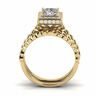 1.50 Carat Princess Moissanite Unique Bridal Set Ring in Yellow Gold