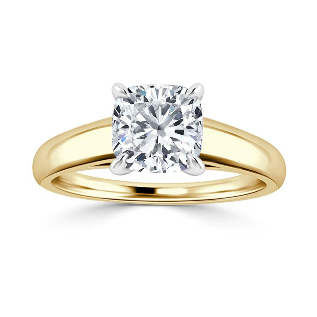 1.50 Carat Cushion Cut Moissanite Solitaire Ring in Yellow Gold