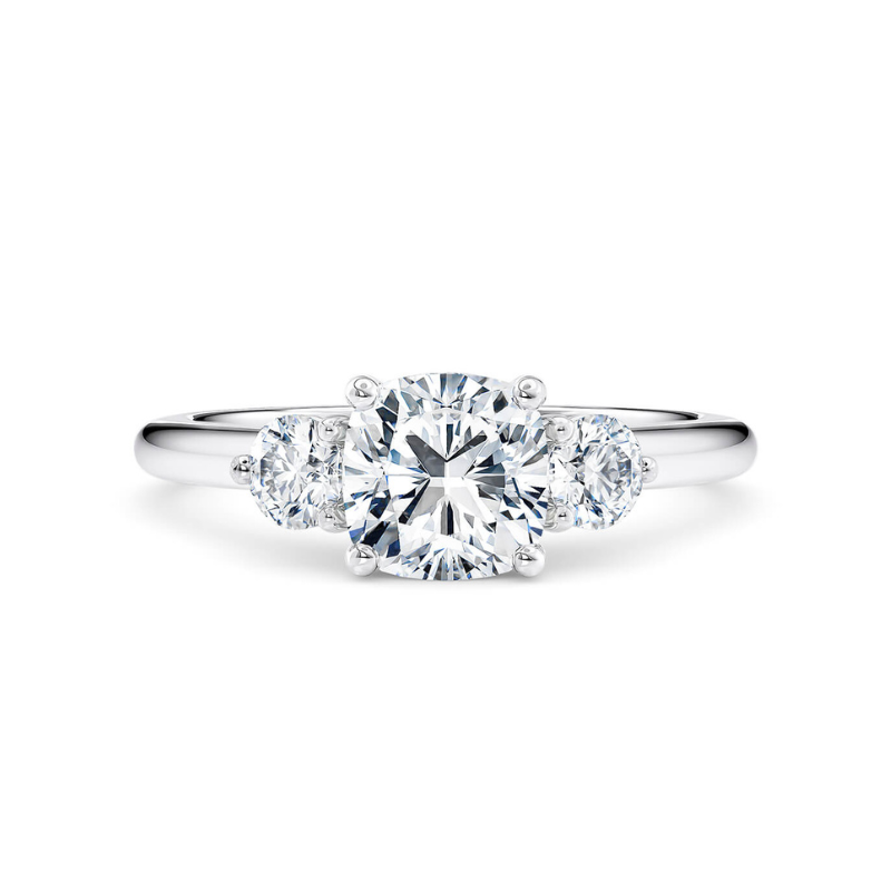 2 Carat Cushion And Round Cut Three Stone Moissanite Ring in White Gold