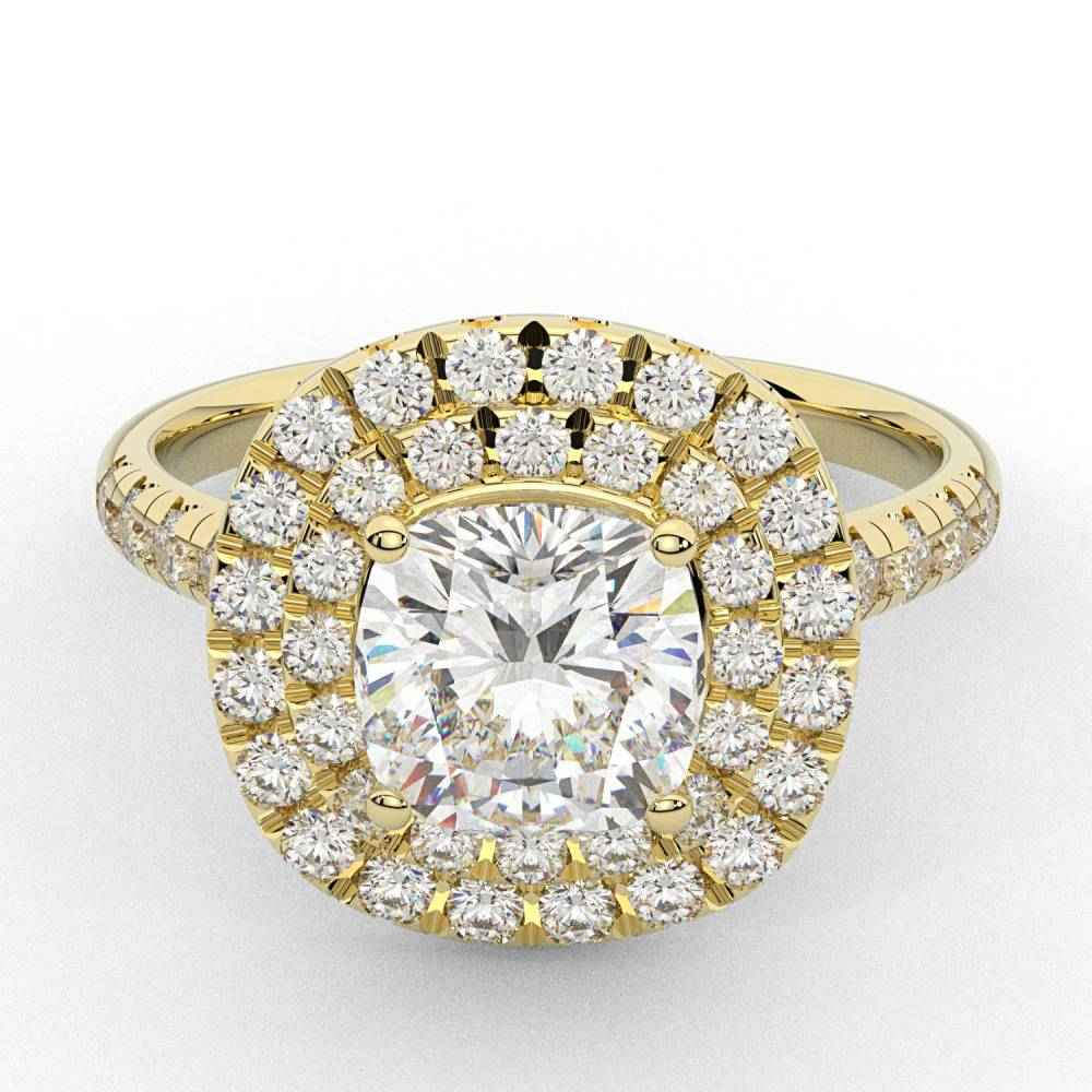 1.50 Ct Cushion Cut Double Halo Moissanite Ring in Yellow Gold