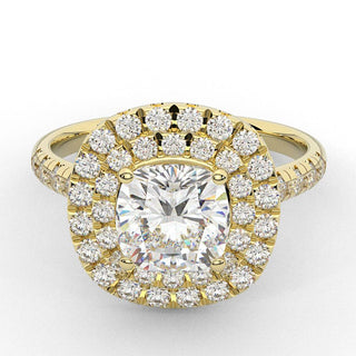 1.50 Ct Cushion Cut Double Halo Moissanite Ring in Yellow Gold