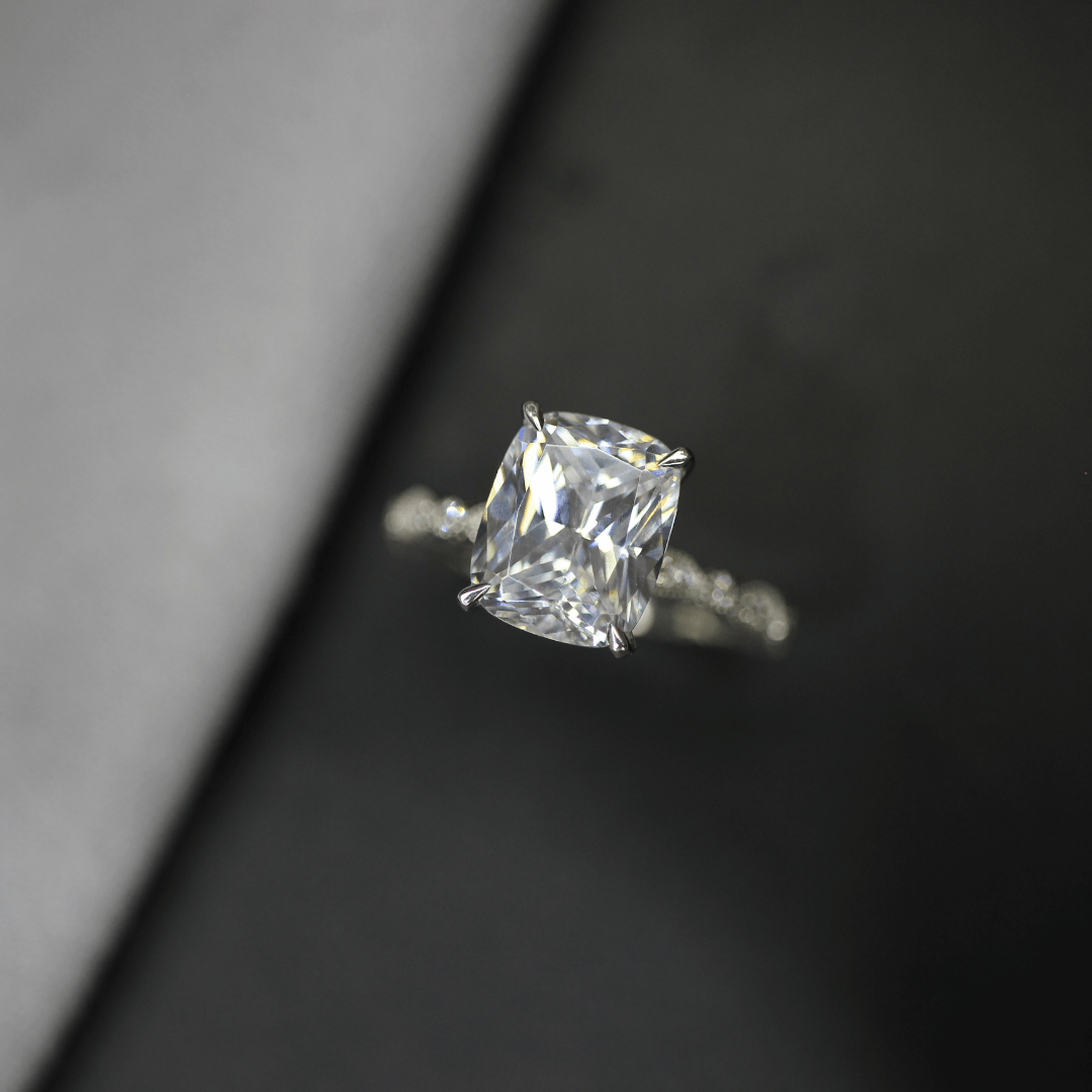 Elongated cushion moissanite ring
