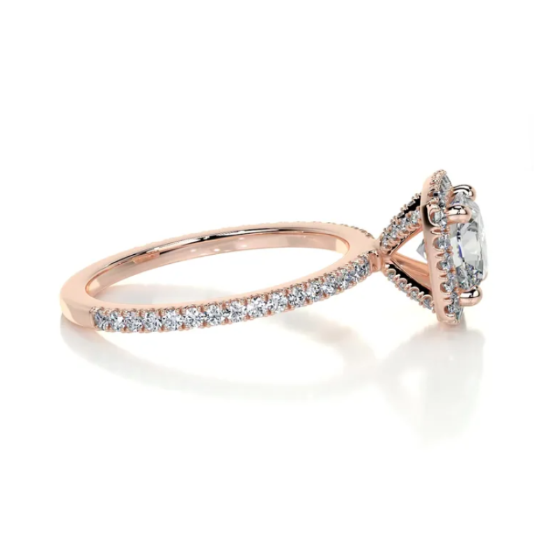 1.10 Carat Cushion Cut Moissanite Halo Engagement Ring in Rose Gold