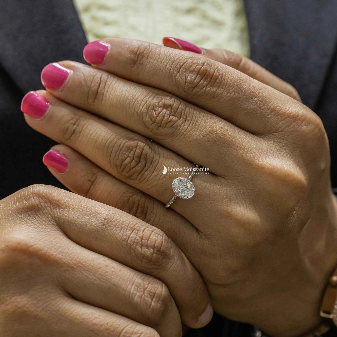 1 Carat Moissanite Oval Hidden Halo Engagement Ring