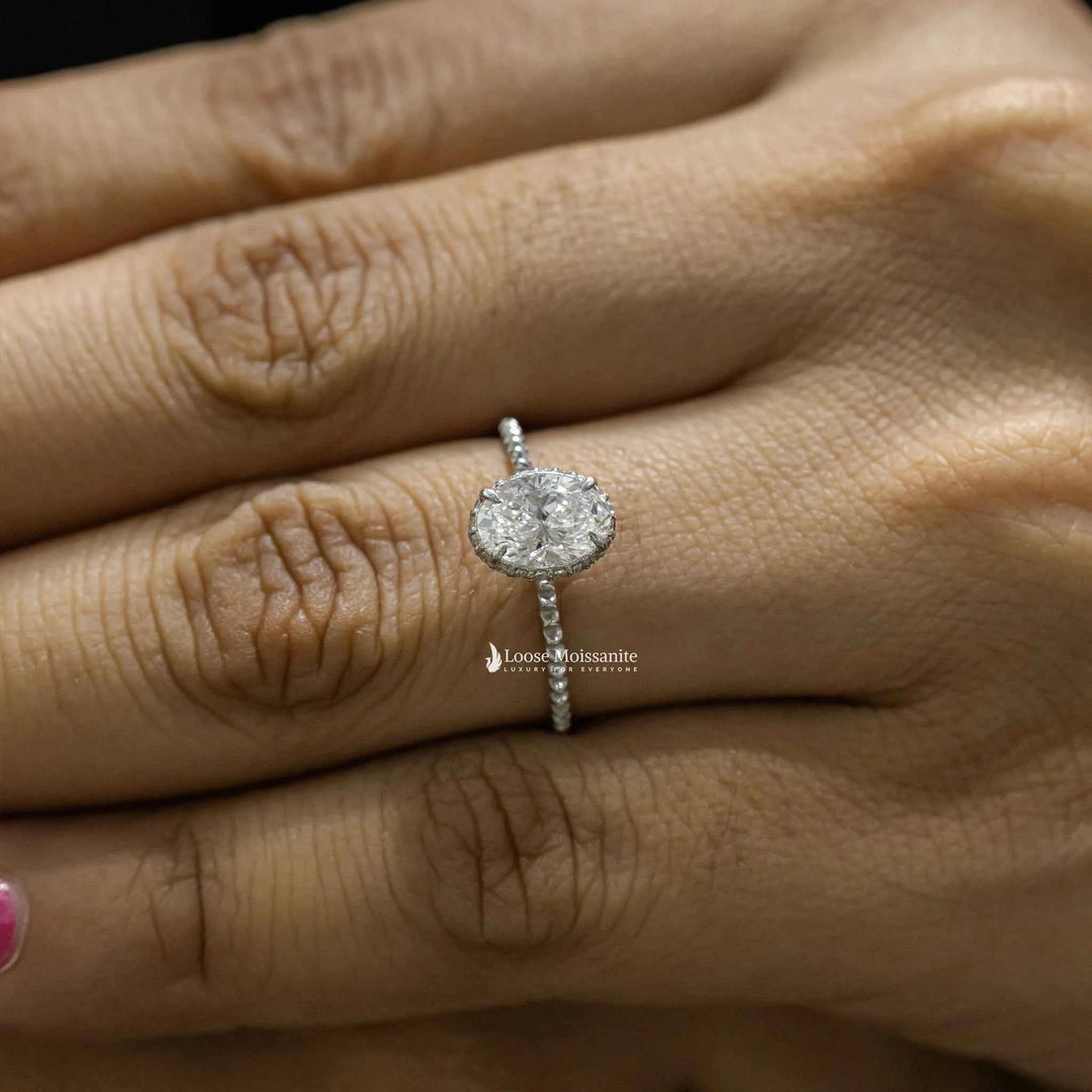 1 Carat Moissanite Oval Hidden Halo Engagement Ring