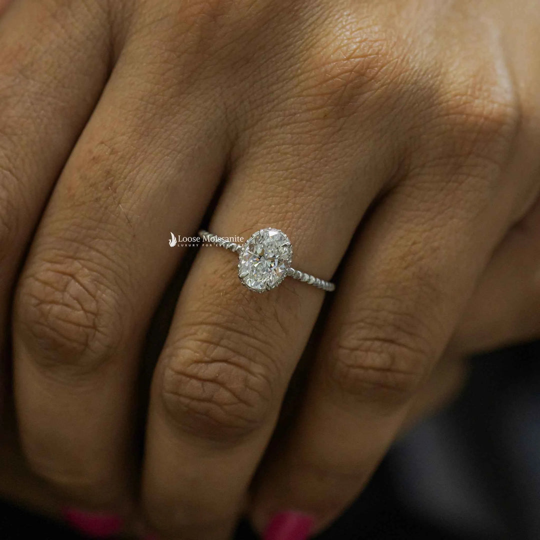 1 Carat Moissanite Oval Hidden Halo Engagement Ring