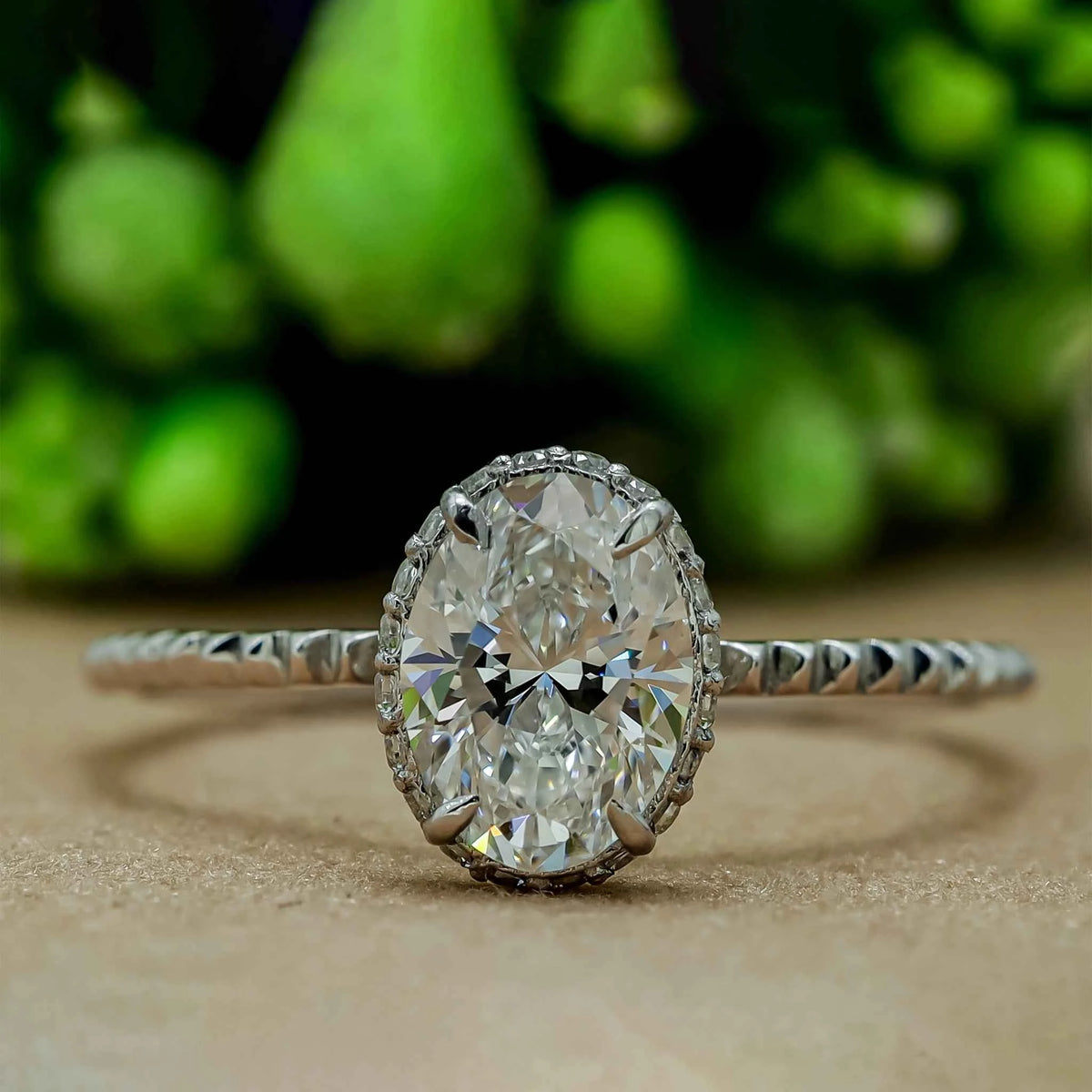 1 carat moissanite oval hidden halo engagement ring