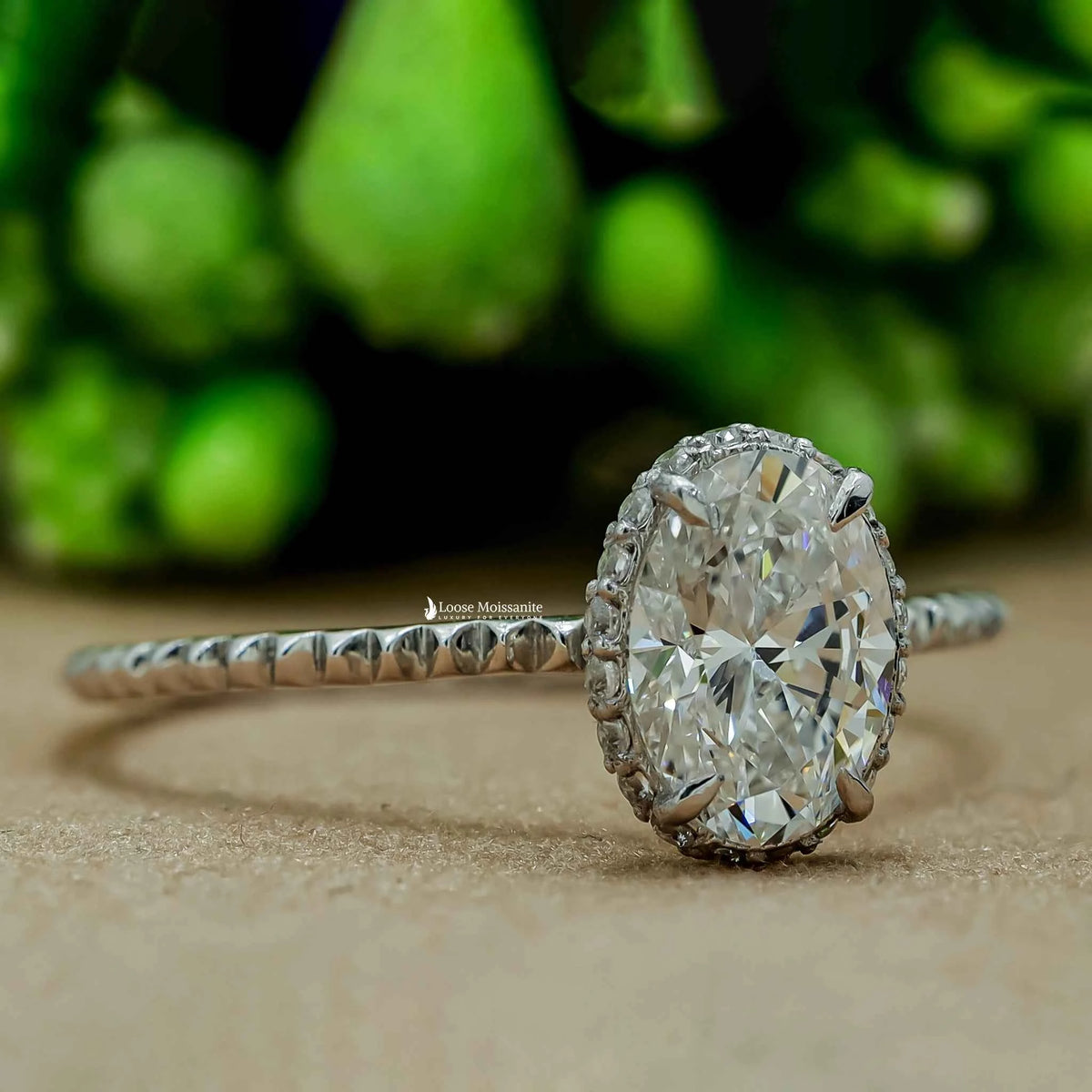 1 carat moissanite oval hidden halo engagement ring