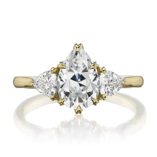 2.20 Ct Pear Shaped Moissanite Three Stone Ring in Yellow Gold