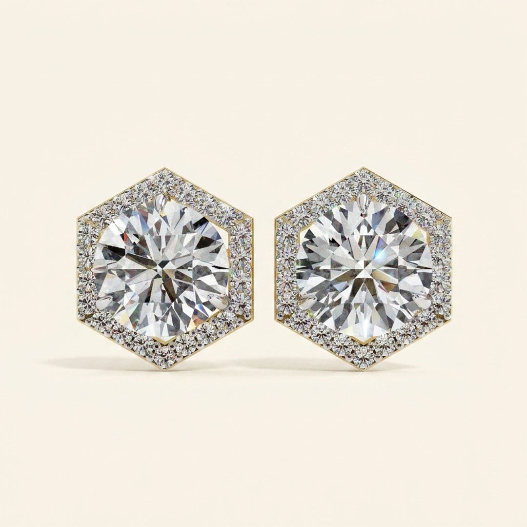 Round Earrings Hexagon Halo Design