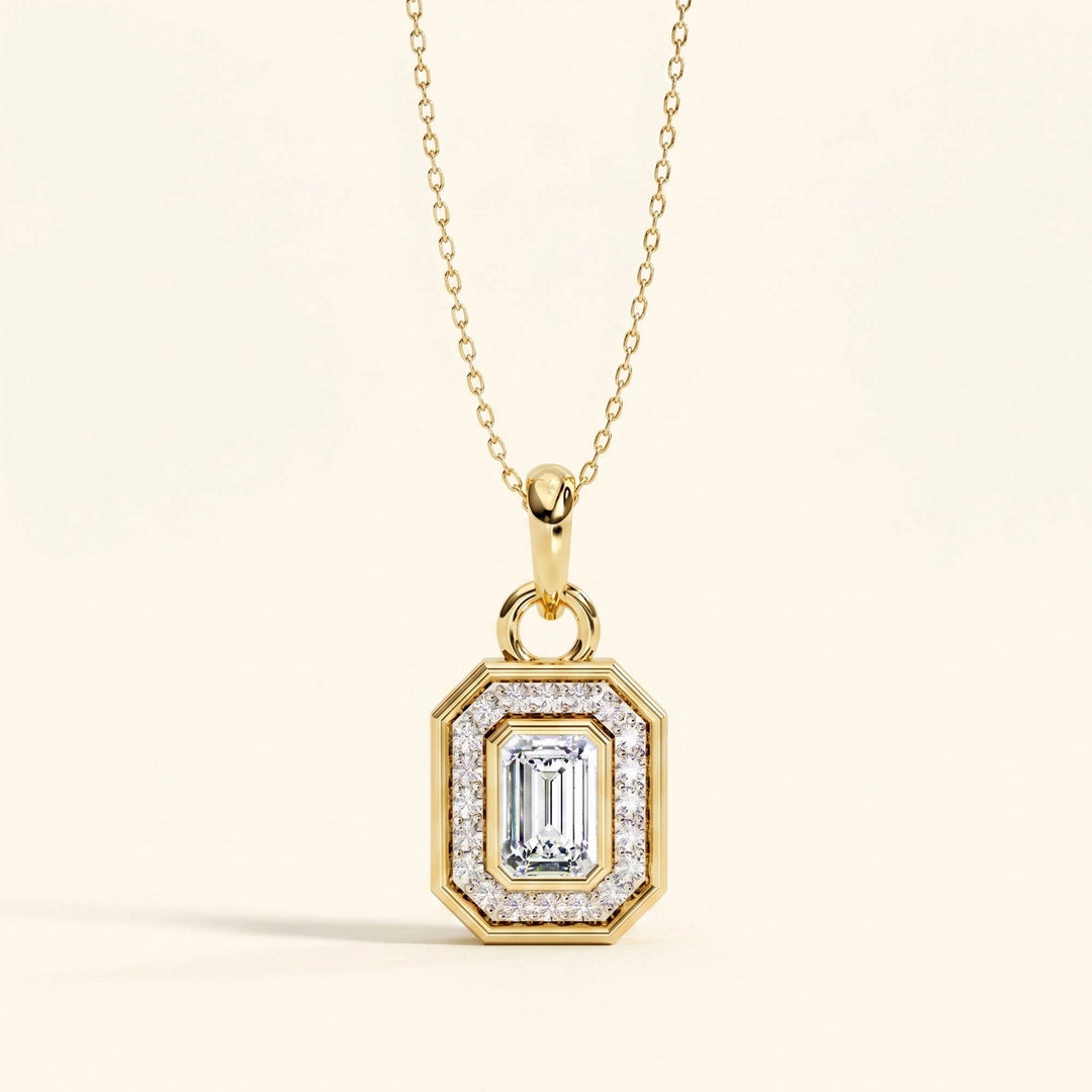 Emerald Cut Halo Necklace