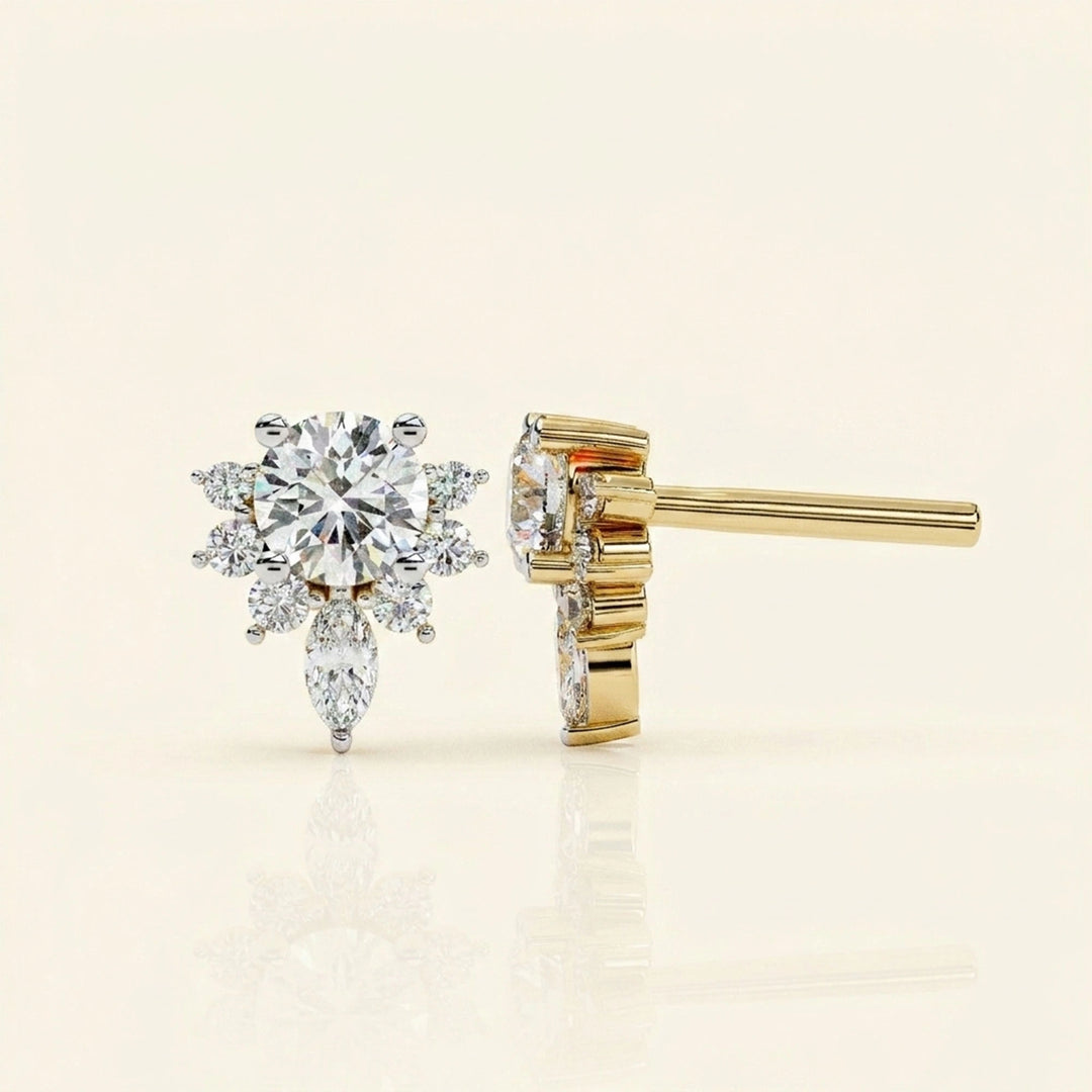 Side View Of Stud Earrings Floral Cluster With Drop Design