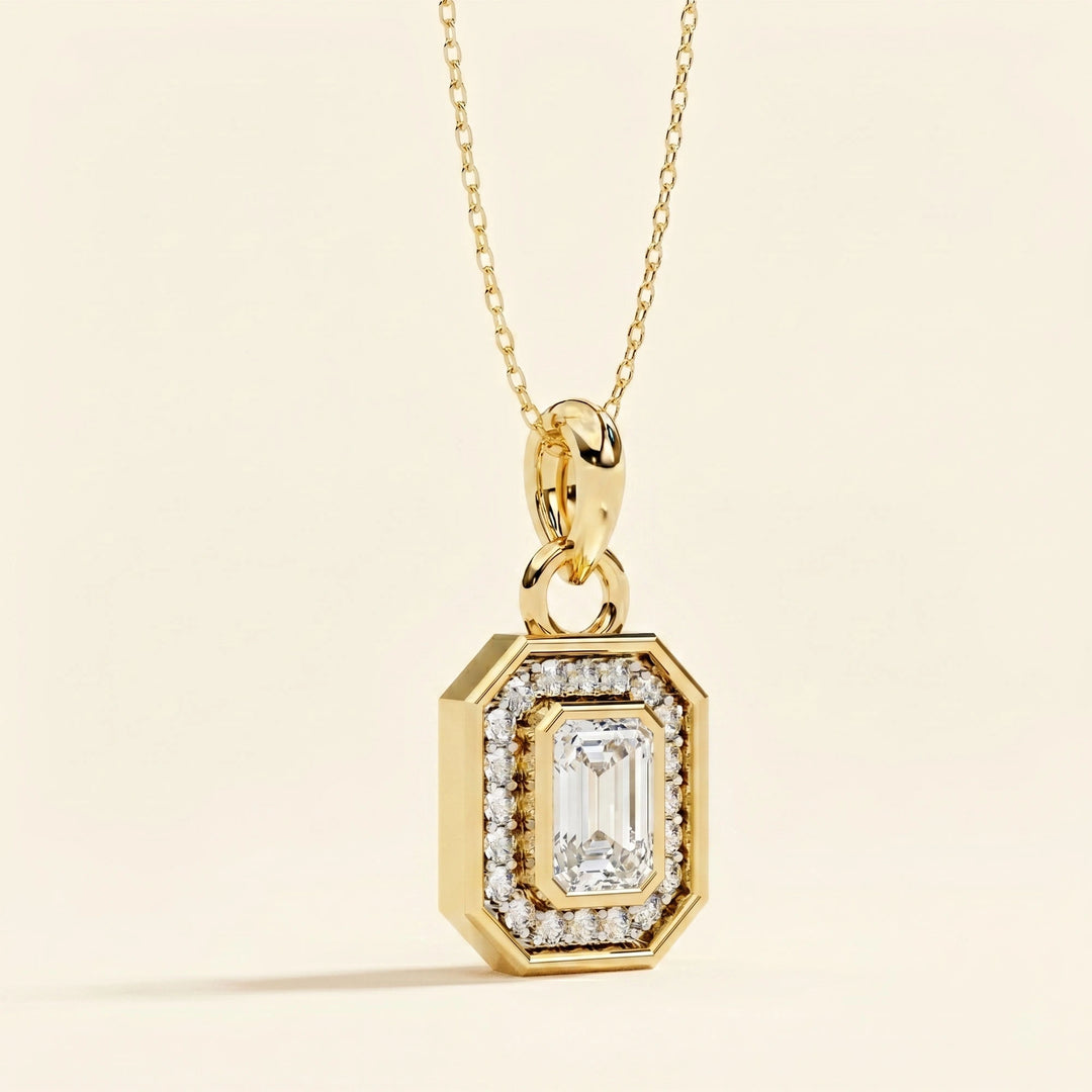 Emerald Cut Halo Necklace