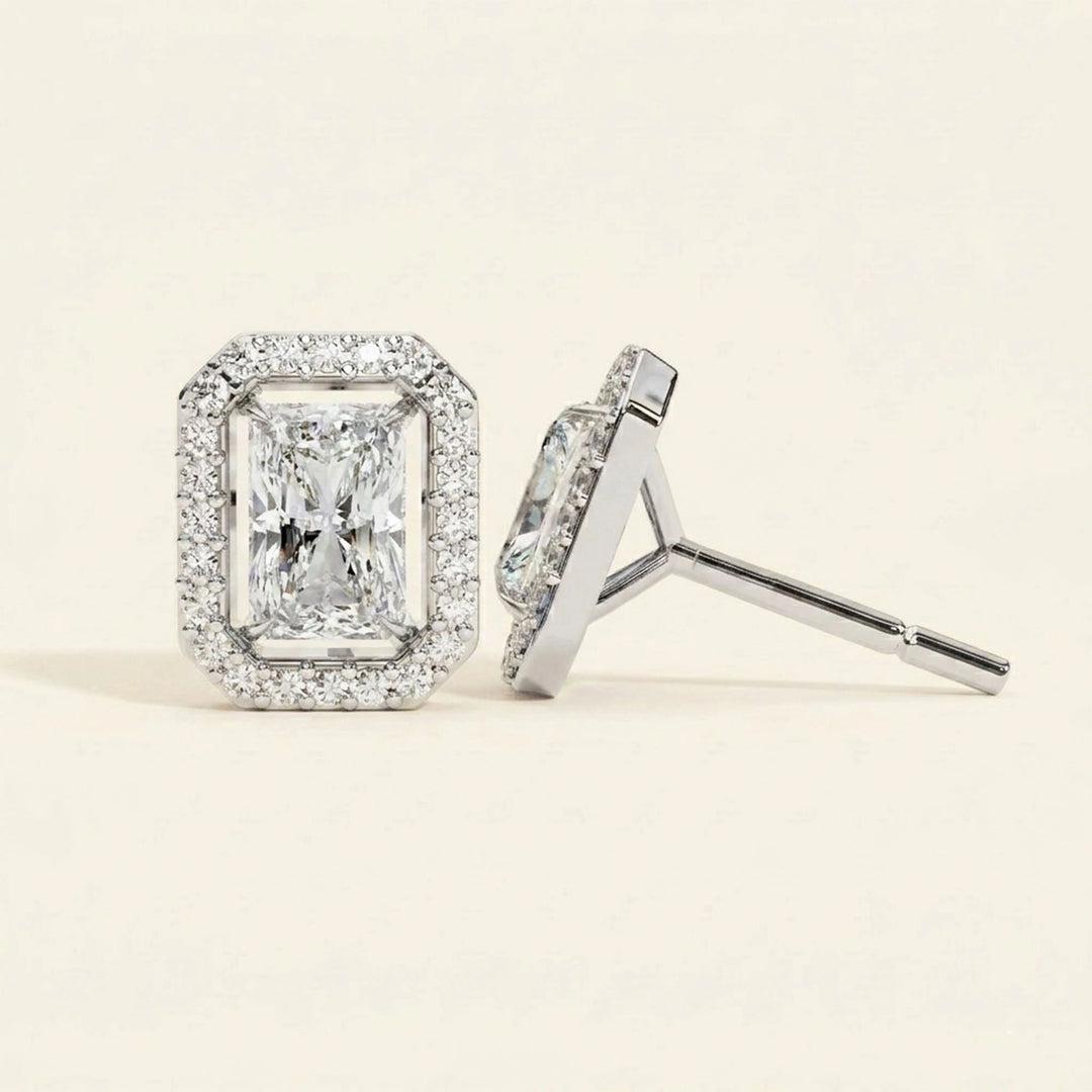 Radiant Cut Stud Earrings With Halo Design
