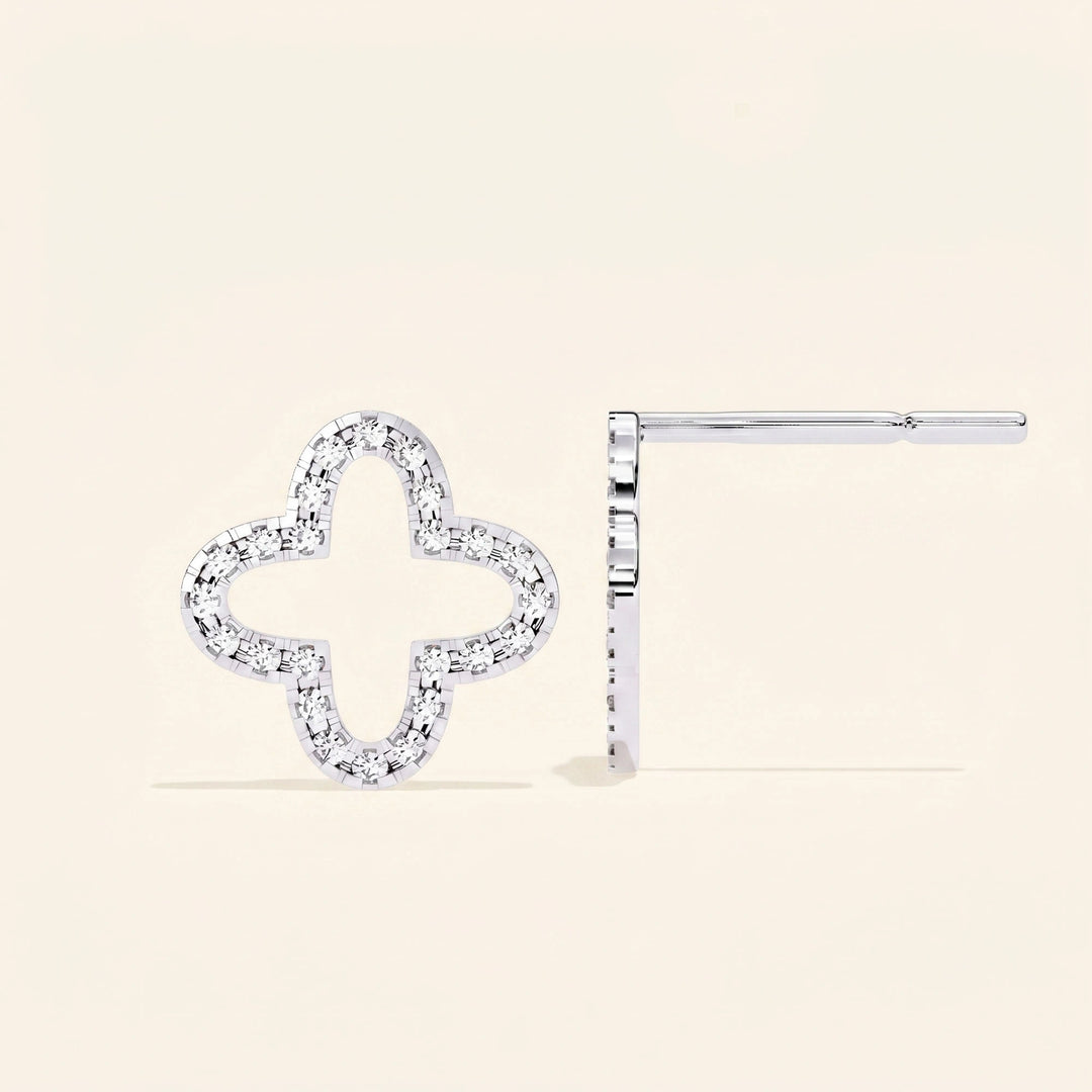 Side View Of Clover Shape Pave Stud Earrings