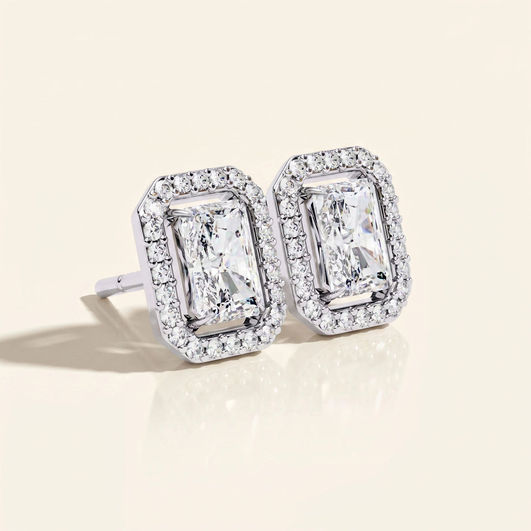 Radiant Cut Stud Earrings With Halo Design