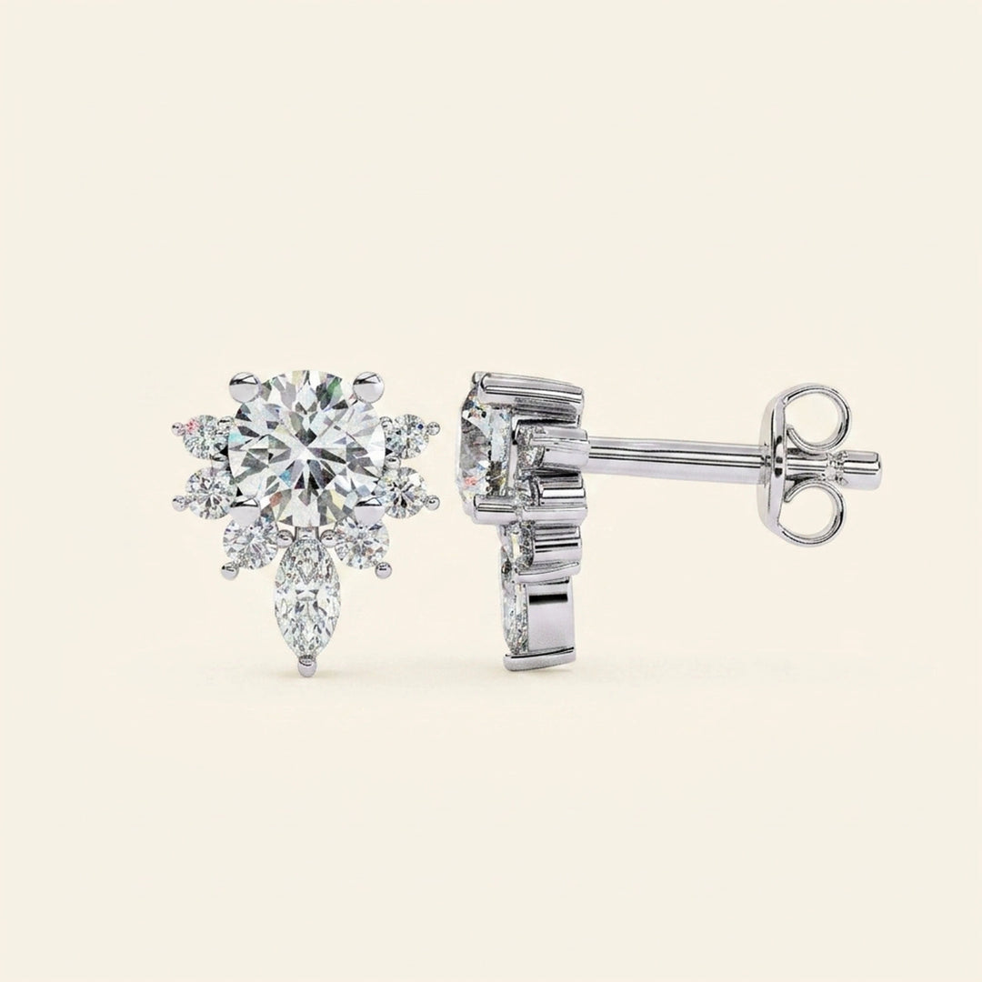 Side View Of Stud Earrings Floral Cluster With Drop Design