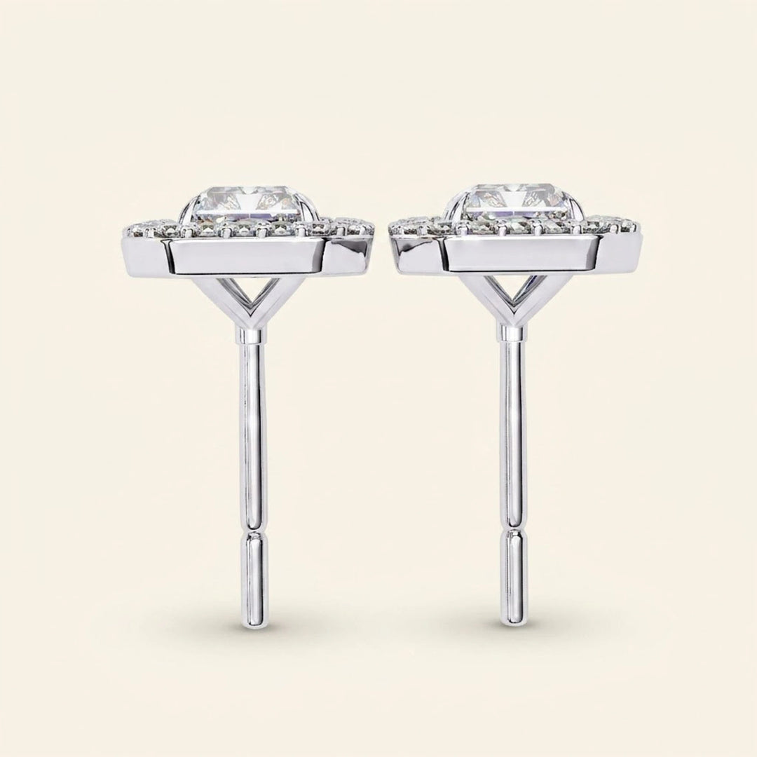 Radiant Cut Stud Earrings With Halo Design