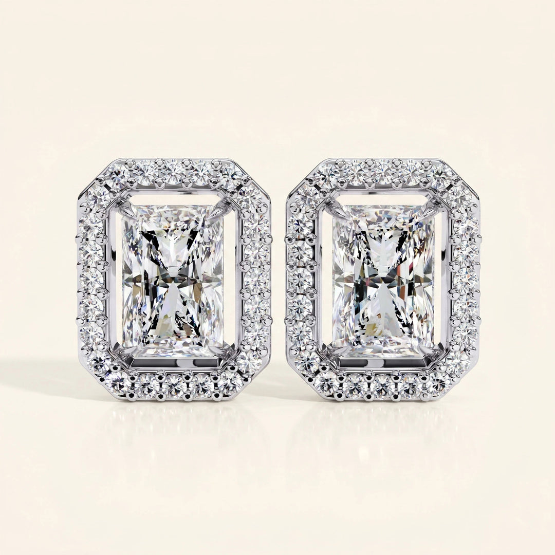 Radiant Cut Stud Earrings With Halo Design