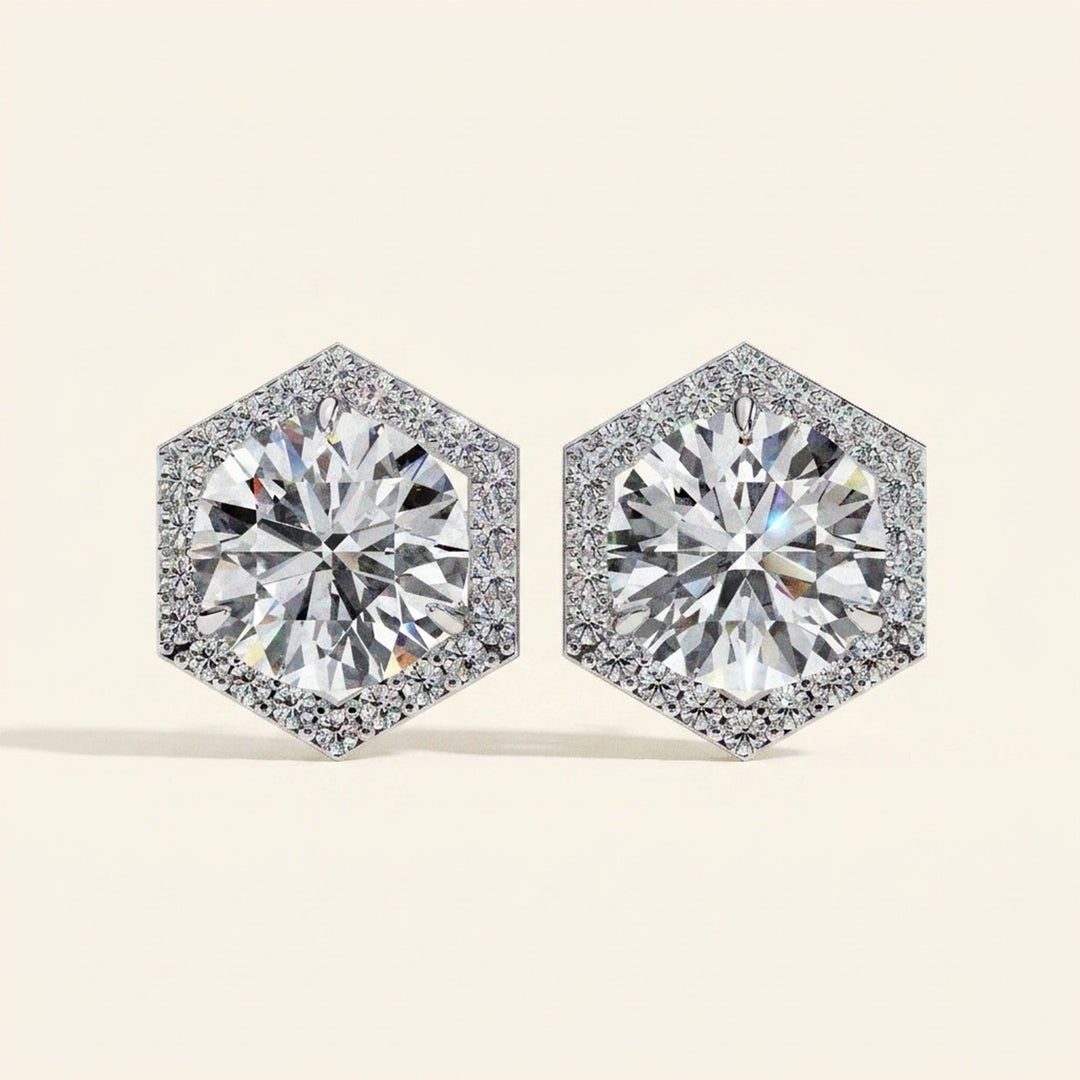 Round Earrings Hexagon Halo Design