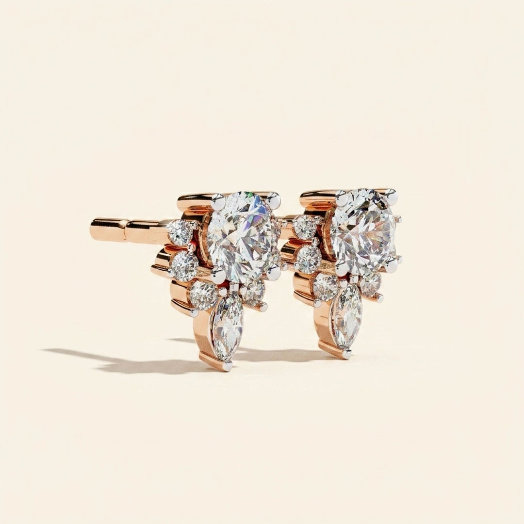 Stud Earrings Floral Cluster With Drop Design