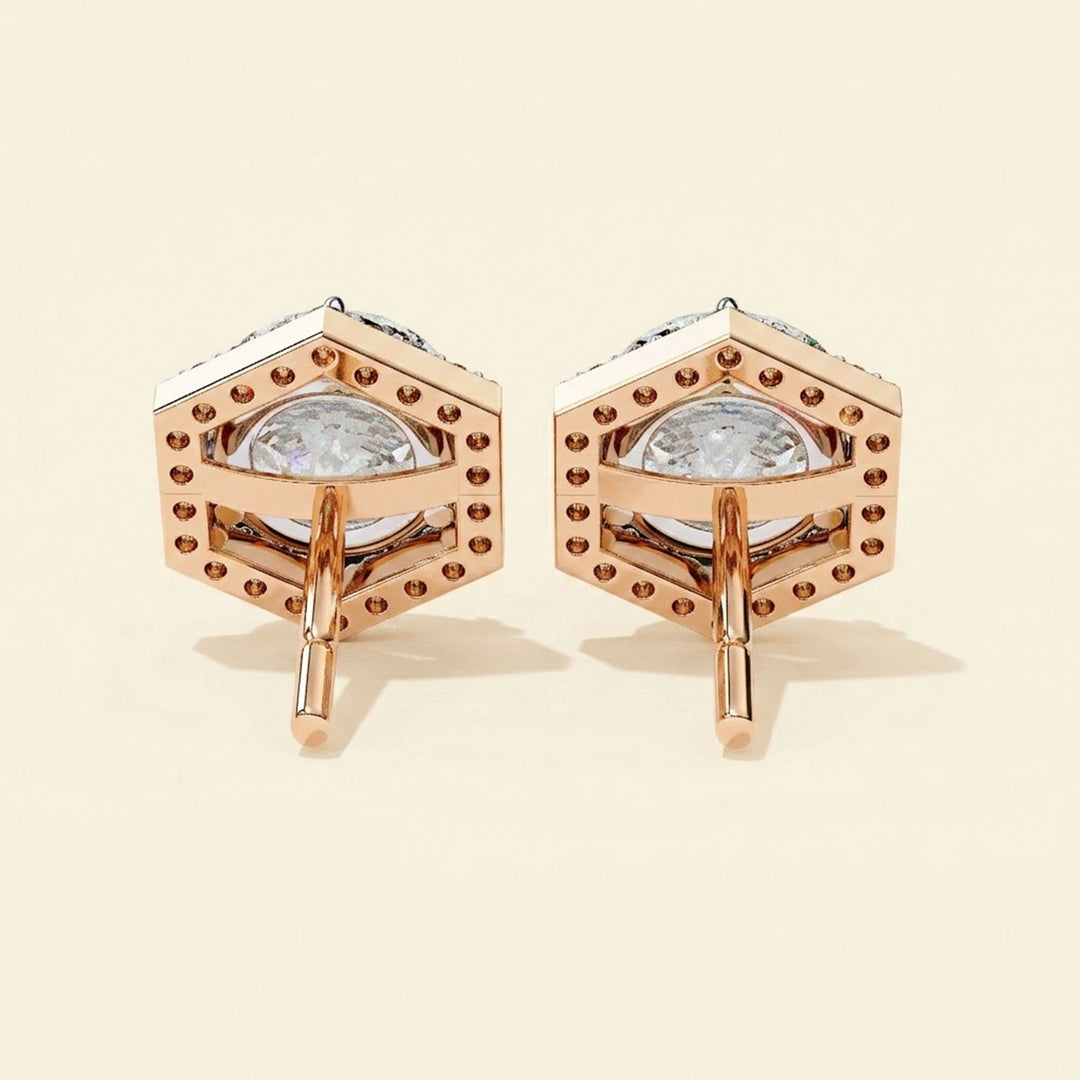 Round Earrings Hexagon Halo Design