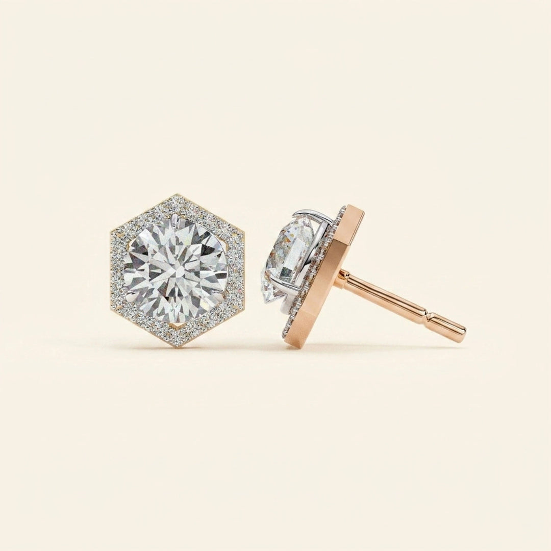Round Earrings Hexagon Halo Design