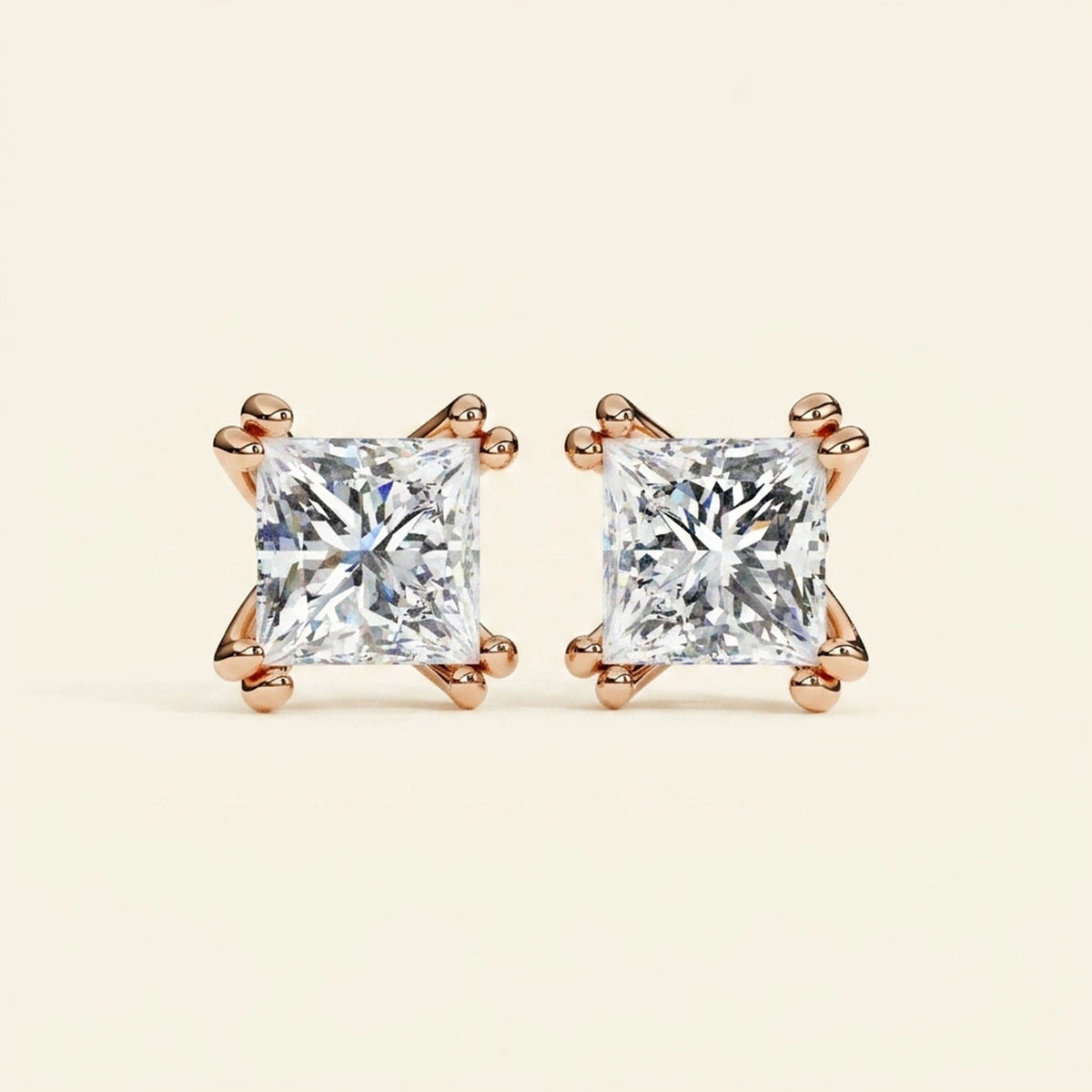 Front view of princess stud earrings