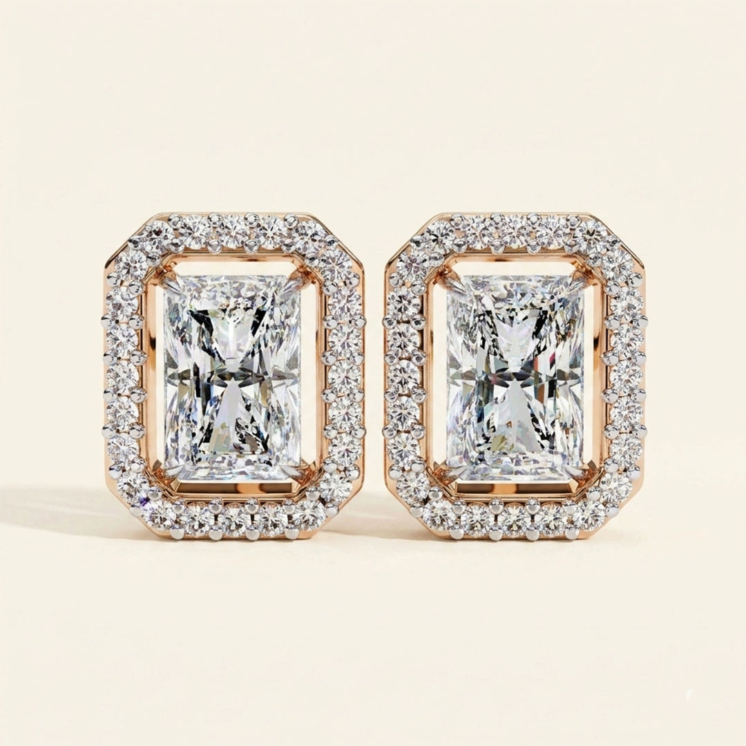Radiant Cut Stud Earrings With Halo Design