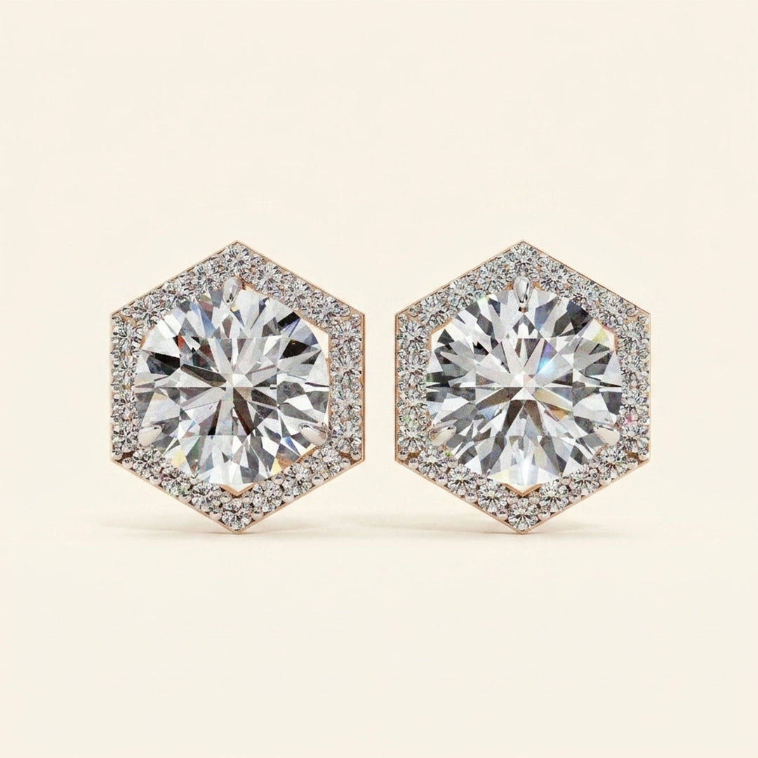 Round Earrings Hexagon Halo Design