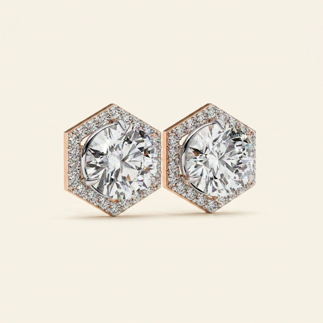 Round Earrings Hexagon Halo Design