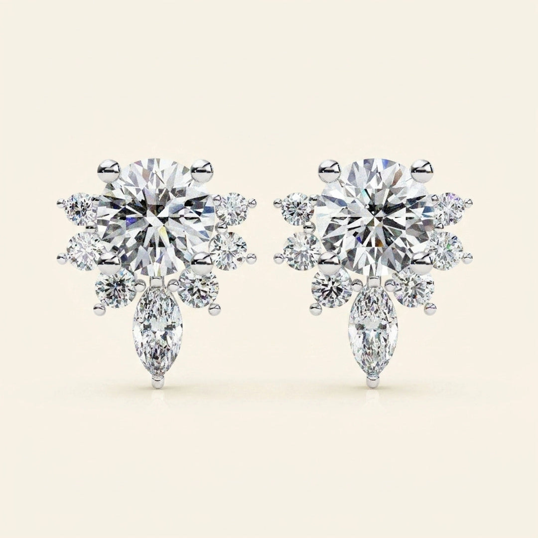 Stud Earrings Floral Cluster With Drop Design