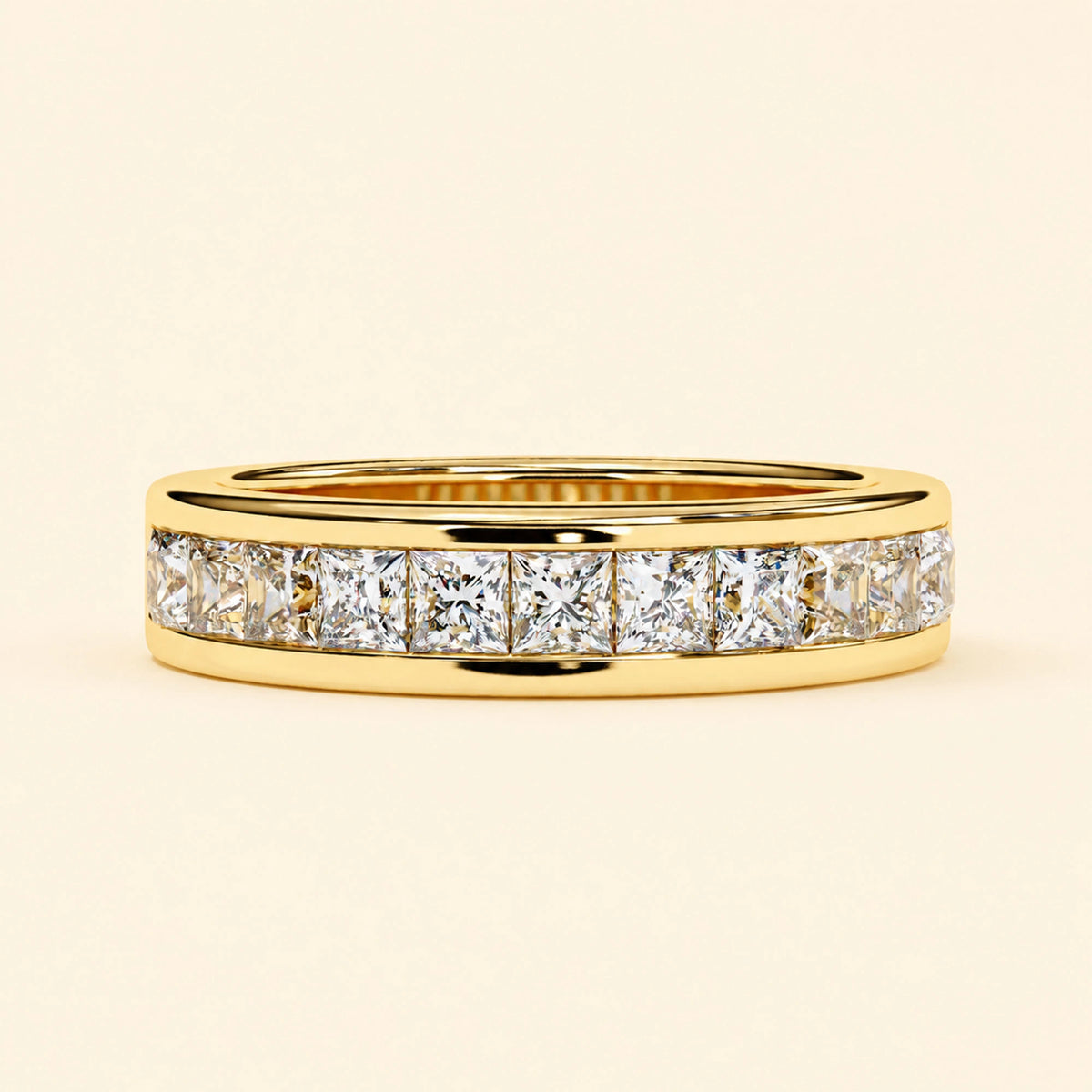 Front view of princess cut half eternity wedding band