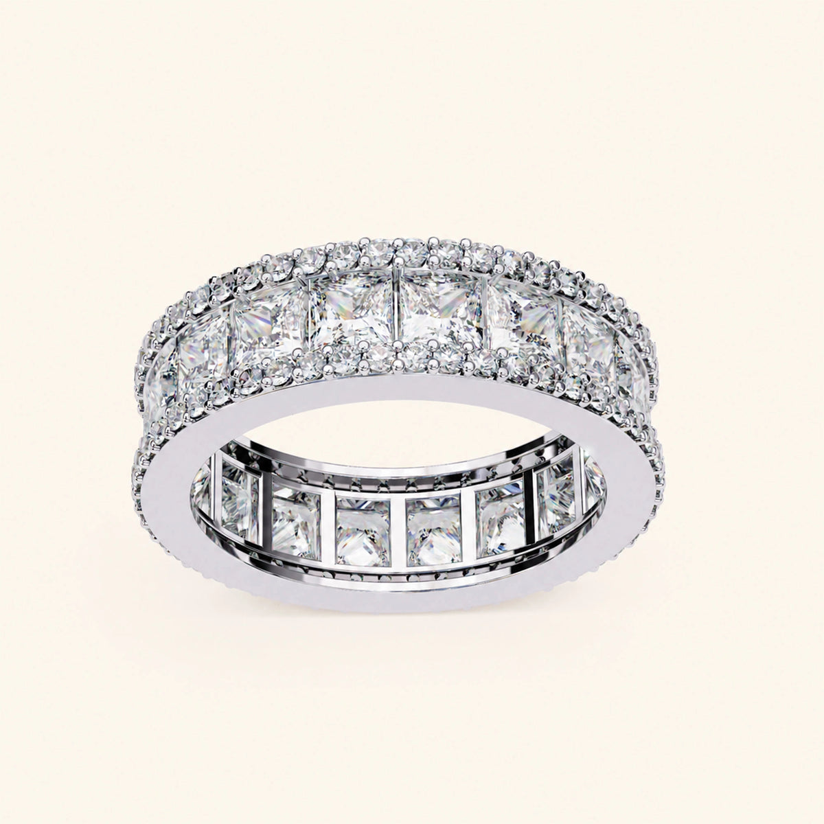 Angle view of princess and round cut wedding band