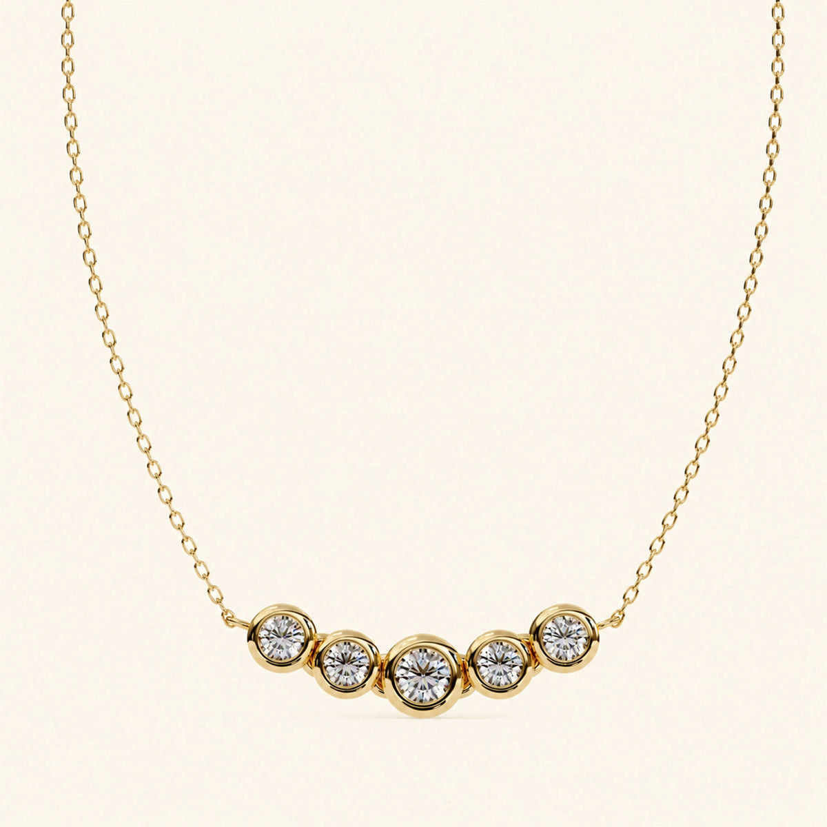 Front view of five stone bezel necklace